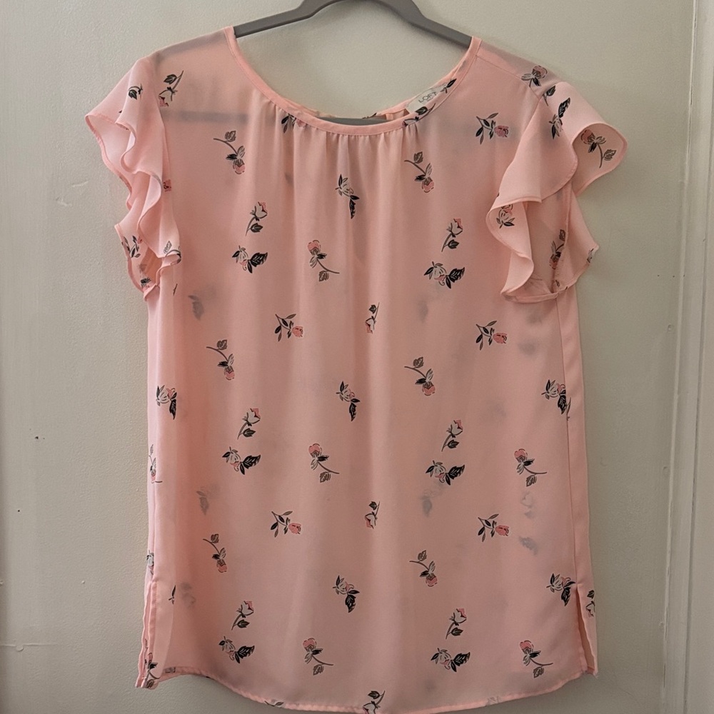 LOFT Pink Floral Blouse with Ruffle Sleeves